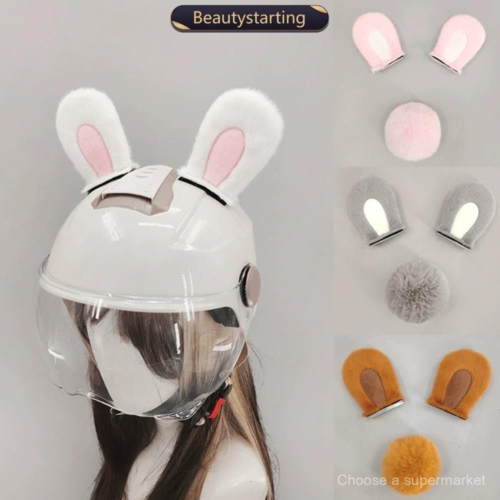 Adesivos Decorativos de Orelhas e Cauda de Coelho de Pelúcia para Capacete, Acessórios Fofos para Motocicleta e Esqui