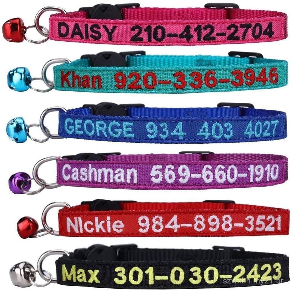 Coleira para Gato, Coleiras de Identificação para Gato em Nylon Bordado Personalizado com Sino - Texto Personalizado com
