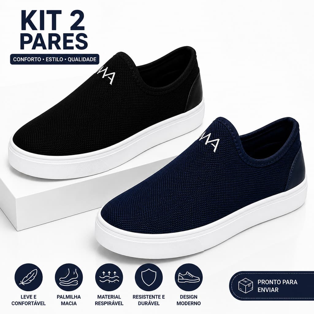 Kit 2 Pares Tênis Infantil Sem Cadarço Unissex Social Leve e Confortável