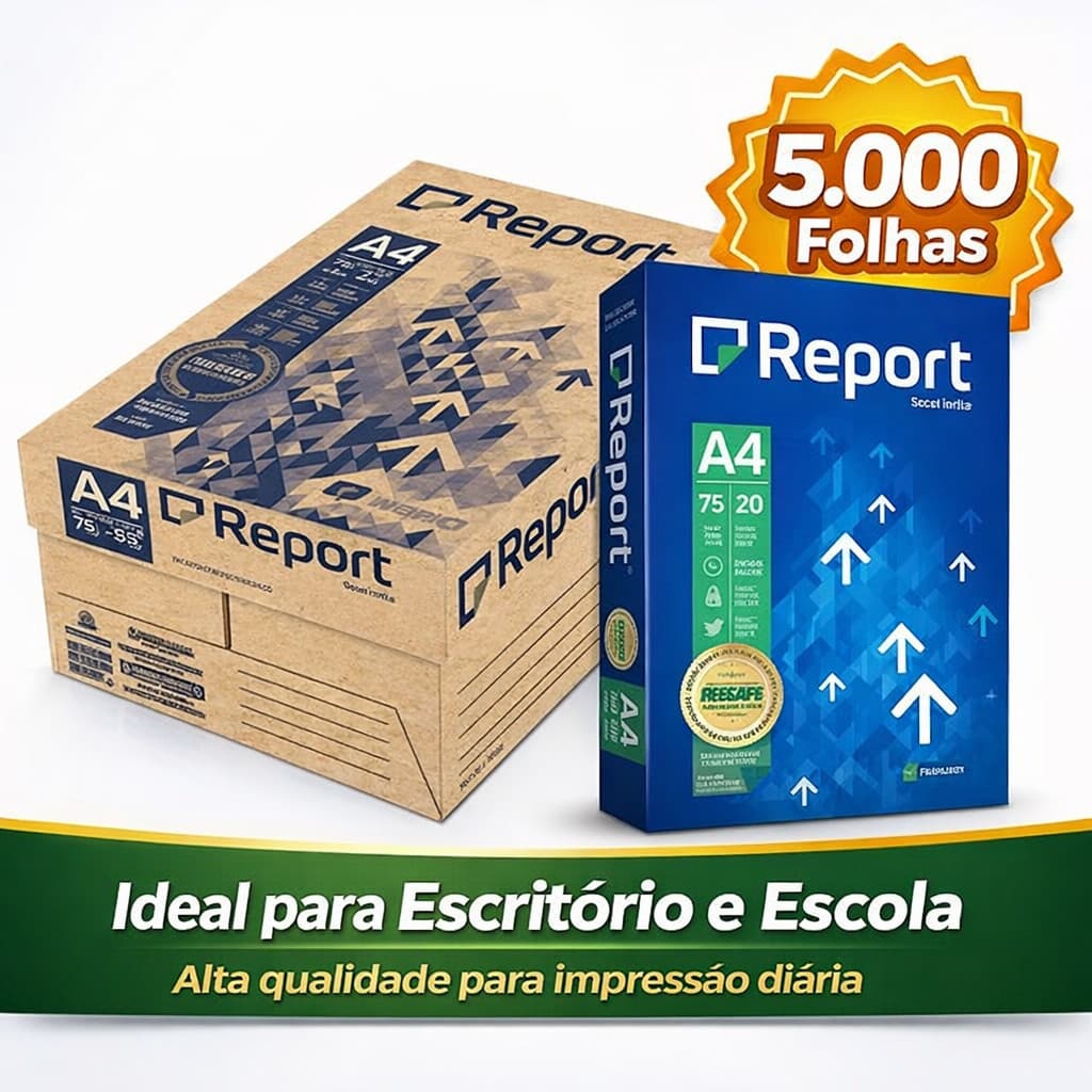 Kit 10 Papel Sulfite Report A4 75g – 5.000 Folhas para Impressão Escritório e Escola