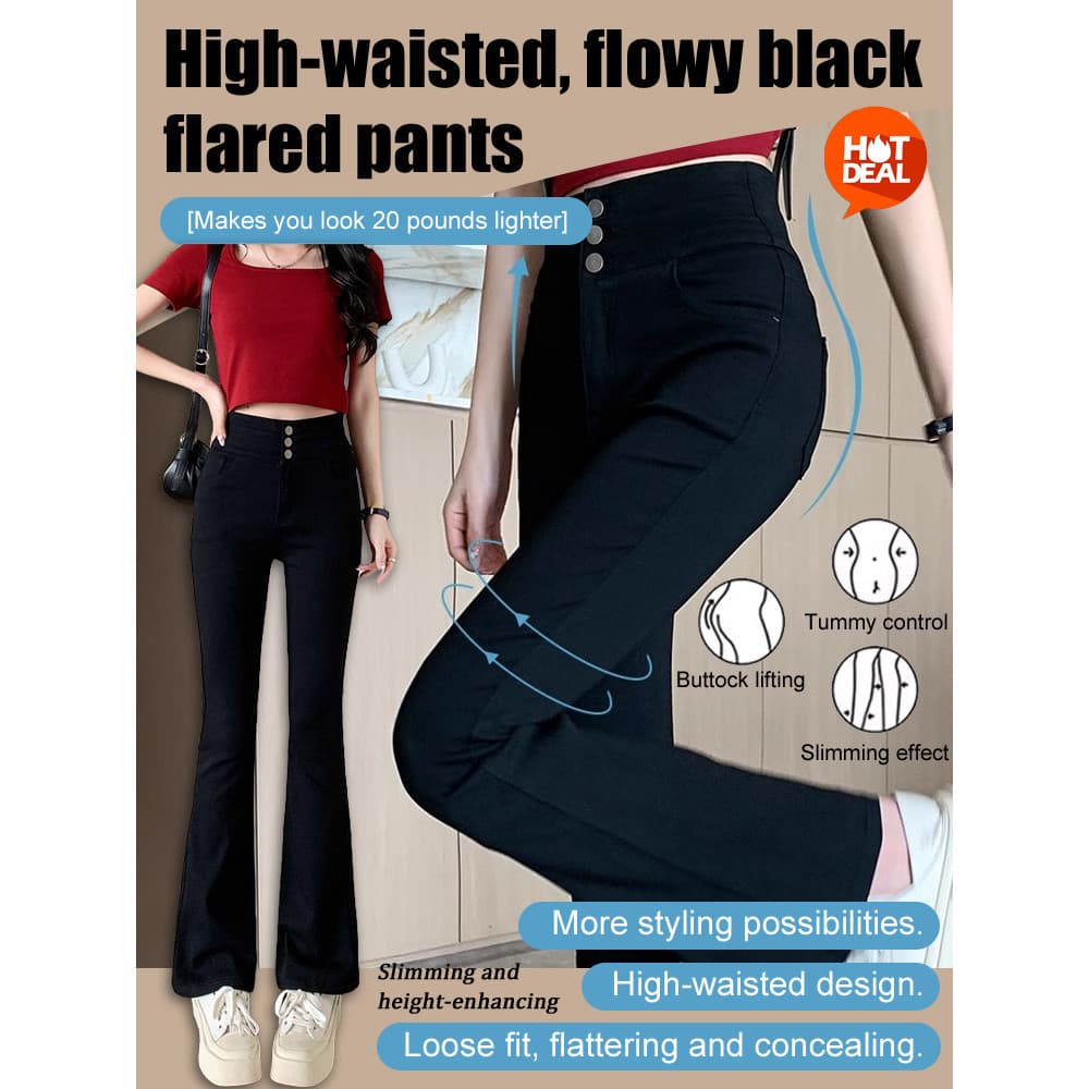 [Design Elegante] High Waist Bootcut Trousers Midnight Black Wide Leg Pants Para Mulheres/Calças de Cintura Alta/Moda
