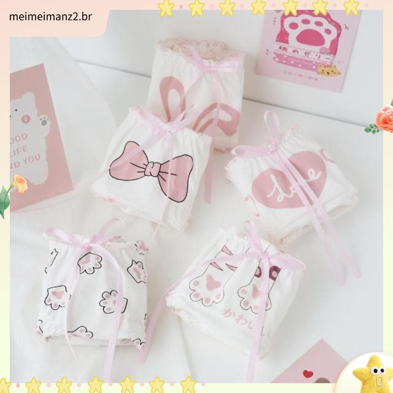 2/3/5 pares de roupa íntima de algodão puro feminina rosa garra de gato cintura baixa arco menina babados cuecas de estu