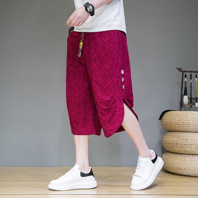 Shorts Casuais Estilo Masculino , Calças Largas Cortadas Chinês , Estampa Solta , Algodão E Linho , Plus Size De Praia P