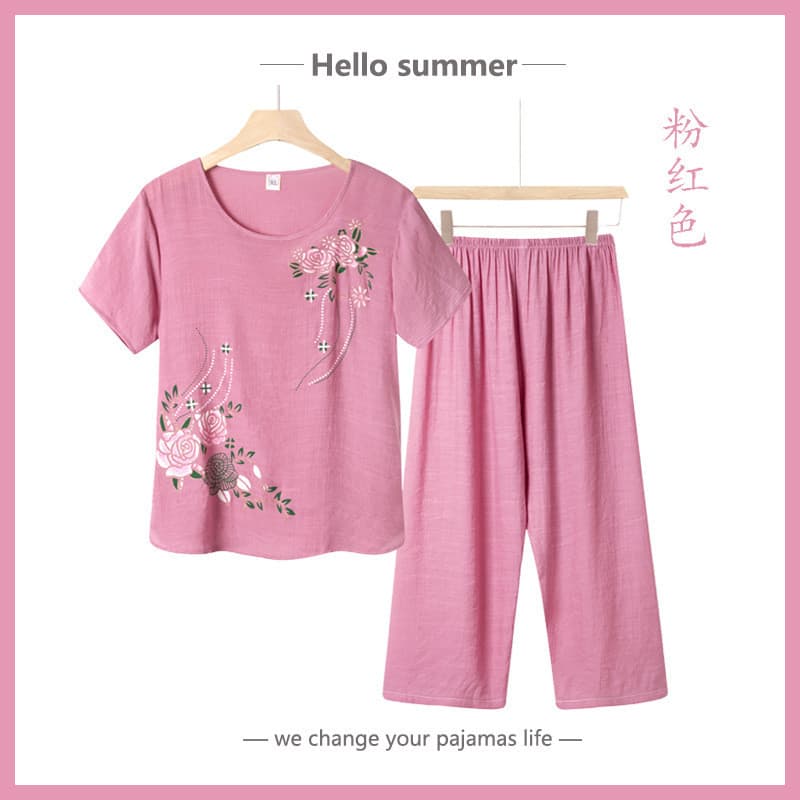Roupas de mãe idosa de meia-idade pijamas verão manga curta respirável camiseta terno primavera