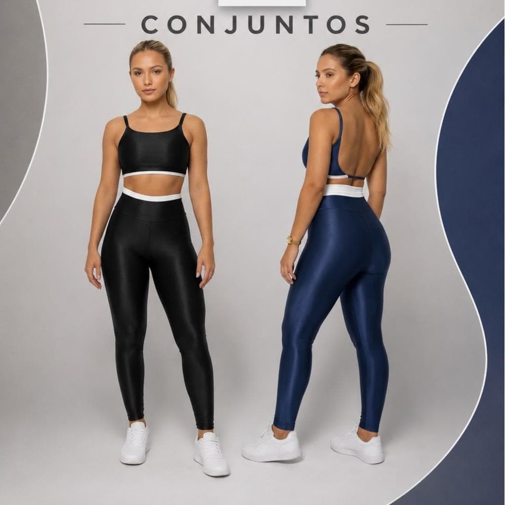KIT 2 CONJUNTOS FITNESS CALÇA CINTURA ALTA E TOP DUPLA FACE MICRO CANELADO COSTAS NUAS