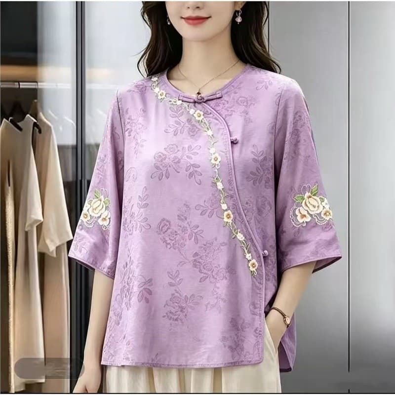 Mulheres em torno do pescoço de manga média pequena camisa solta Retro arte camisa temperamento camiseta Base topo
