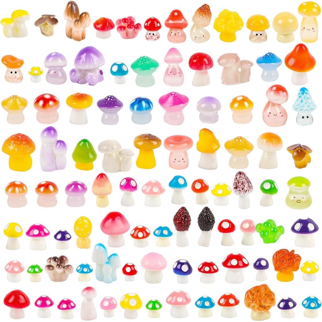 FOIMAS 93pcs Mini Mushrooms, 74 Styles Tiny Resin Mushrooms Bulk to Hide for Decor Miniature Landscape Aquarium Potted F