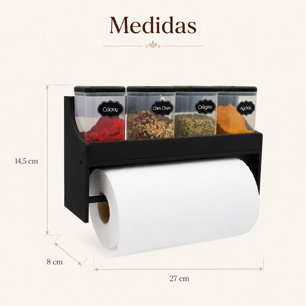 Suporte Porta Condimentos MDF Preto Papel Toalha Cozinha Organizador Parede Bancada Decorativo