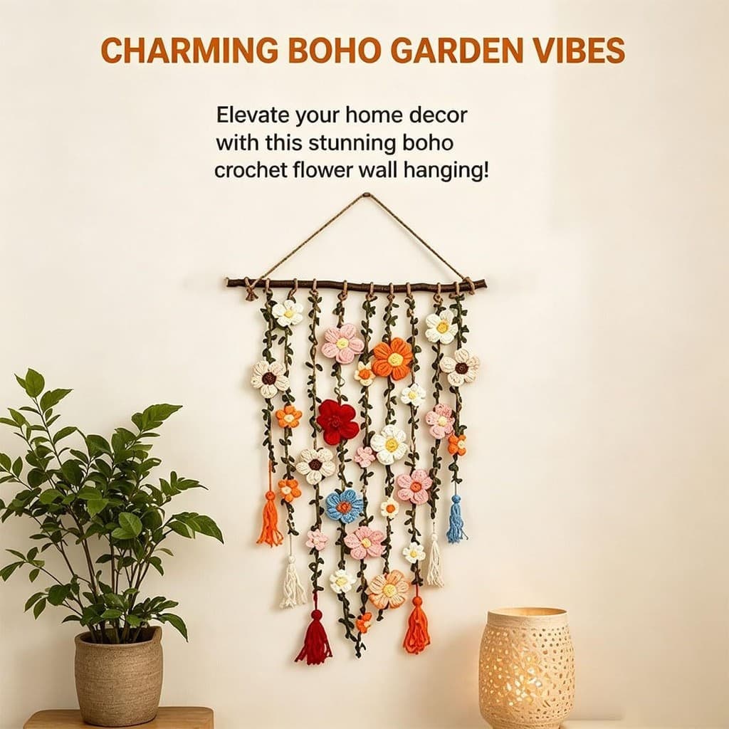 Flor De Crochê Artesanal Pendurada Na Parede Boho Em Cascata Floral Macrame