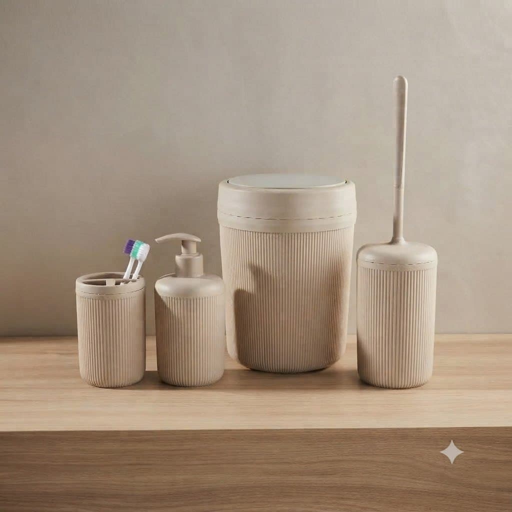 Kit Banheiro 4 Peças Com Detalhes Em Bambu Lixeira Dispenser Porta Escovas Escova Sanitária