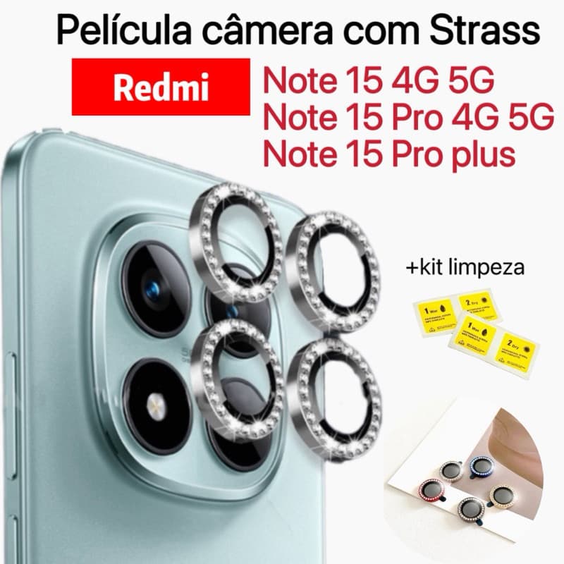 Kit Película Câmera Diamonte Xiaomi Redmi Note 15 / Note 15 Pro / Note 15 Pro Plus Brilhente Anti Risco Protetor Lente