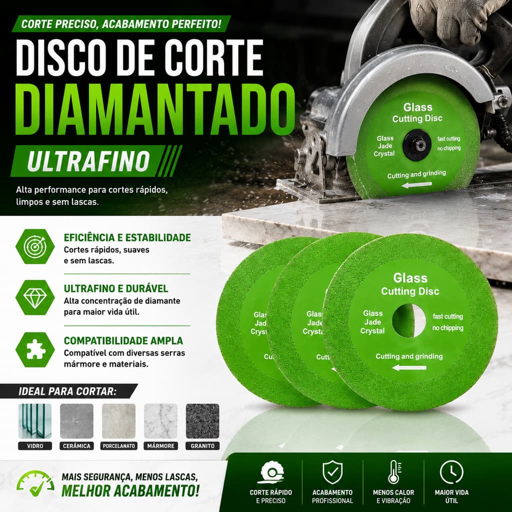 Kit 3/5/10 Discos Diamantados Ultrafinos para Corte de Vidro Espelho Cerâmica Piso Azulejo e Porcelanato 100mm 115mm
