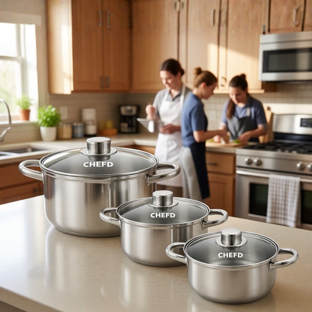 Jogo de Panelas Aço Inox 3 Peças Tampa de Vidro Fundo Triplo Indução Conjunto 3 Caçarolas CHEF D