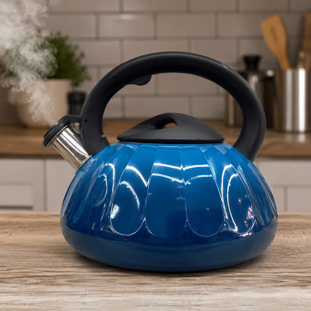 Chaleira 3L Inox Azul Com Apito Para Fogão Gás Cozinha Chá Agua Café