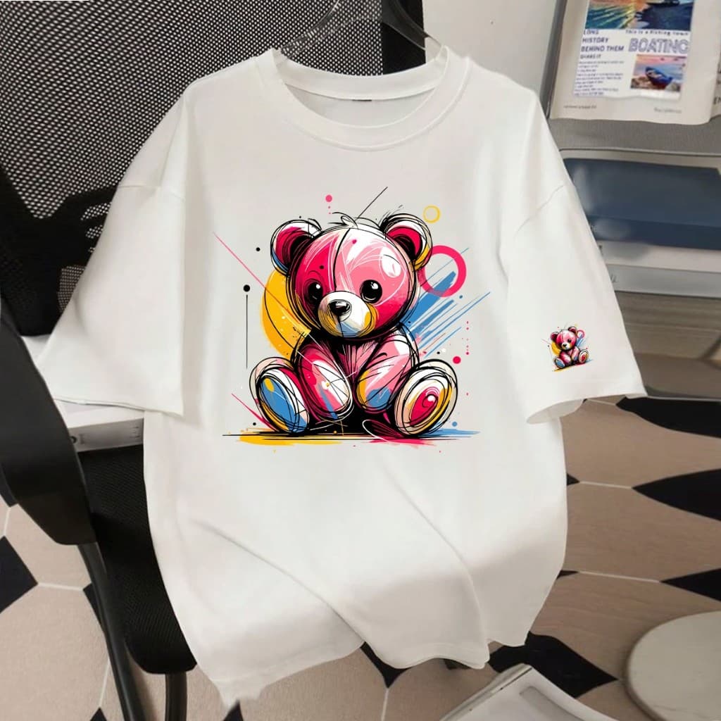 Camiseta Oversized Camisetão de luxo Larga Feminina Estampa Urso Bear Confortável Algodão Feminino