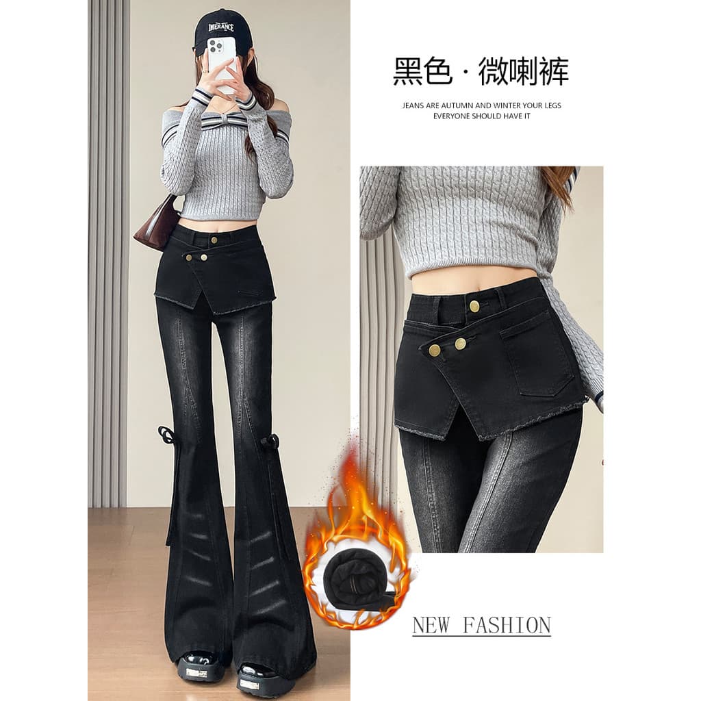 [Novo produto] Jeans preto com forro de lã ligeiramente feminino inverno cintura alta laço Design sensação falsa duas ca