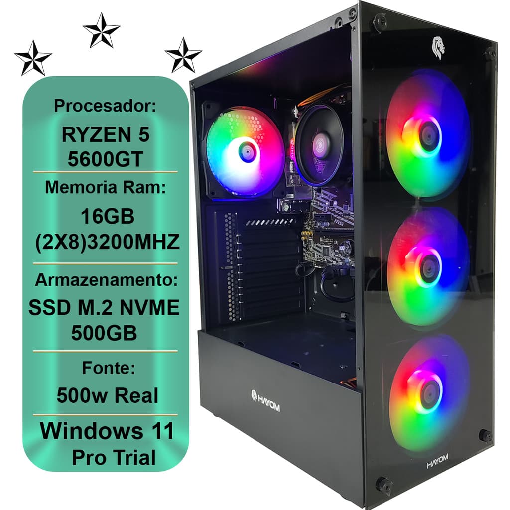 PC GAMER RYZEN 5 5600GT, 16GB DDR4 3200MHZ, SSD M.2 NVME 500GB, VEGA 7, FONTE 500W