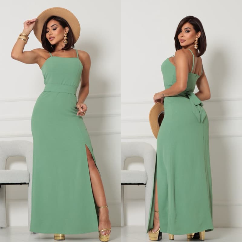 Vestido longo feminino costa fechado laço imovel  bojo e forrado  zíper invisível moda feminino elegante