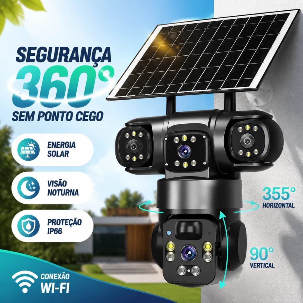Câmera de Segurança Solar Wi-Fi 360° PTZ 3 Lentes IP66 Visão Noturna Monitoramento Externo