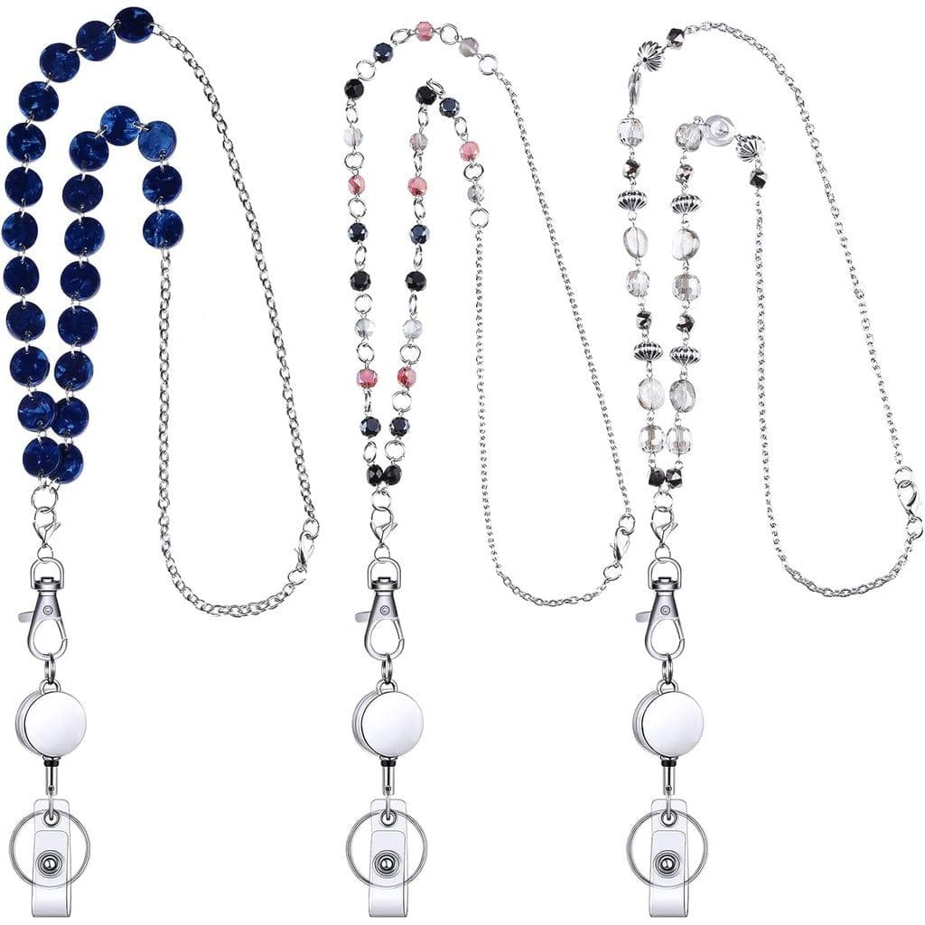 Hicarer 3 Peças Cordão para Crachá com Clipe de Suporte para Crachá, Corrente de Aço Inoxidável com Pérolas, Retrátil, P