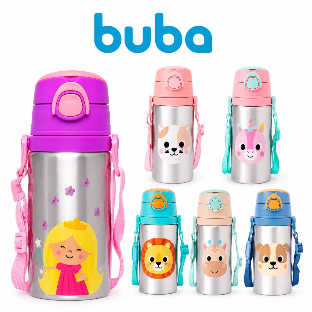 Garrafa Infantil Buba Animal Fun 400ml com Canudo Alumínio Antivazamento Alça