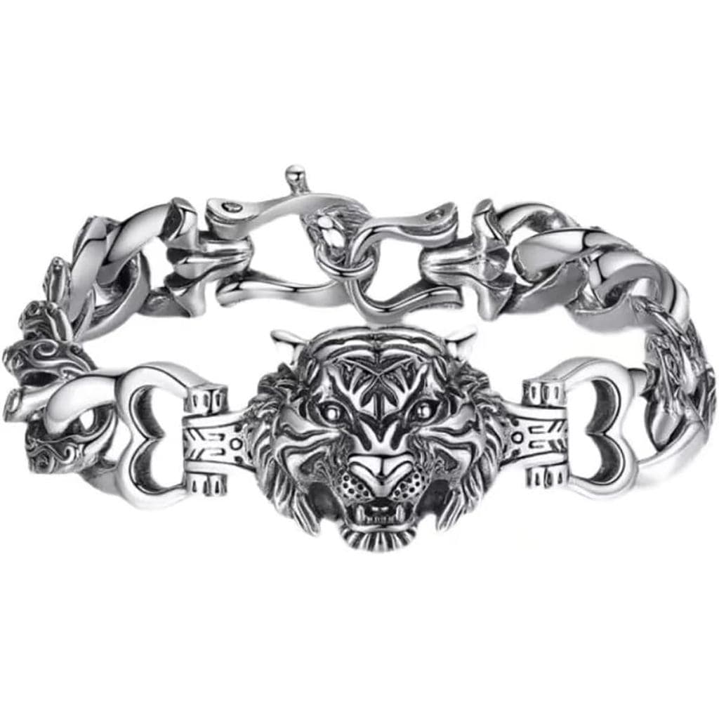 Pulseira Masculina de Prata Vintage Punk com Totem de Tigre, Pulseira de Corrente Cubana Robusta, Joia Animal Masculina