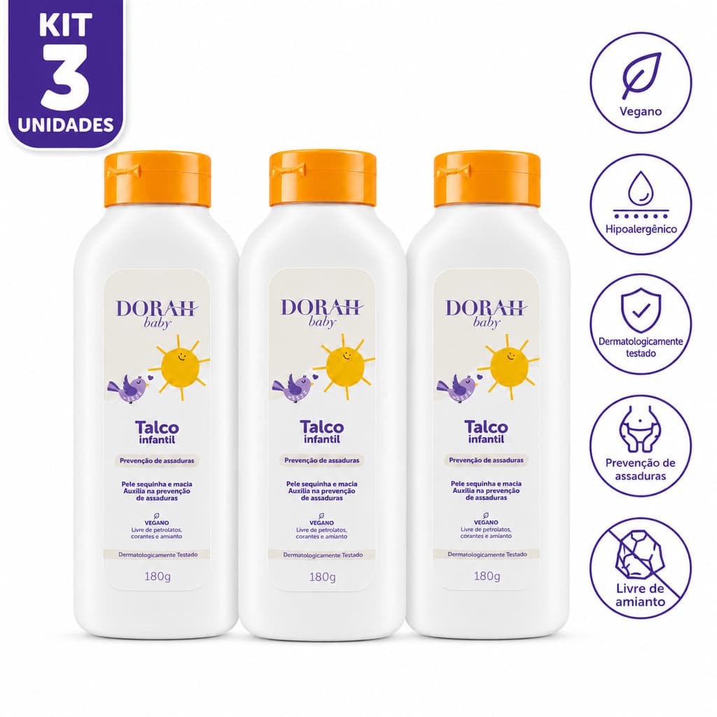 3x Talco Infantil 180g Dorah Baby Pele Sequinha Fragrância Suave Dermatologicamente Testado