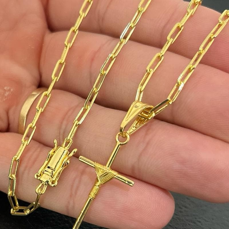 Corrente Masculina Cadeado Alongado 2mm Com Cruz Palito Banhados a Ouro 18k