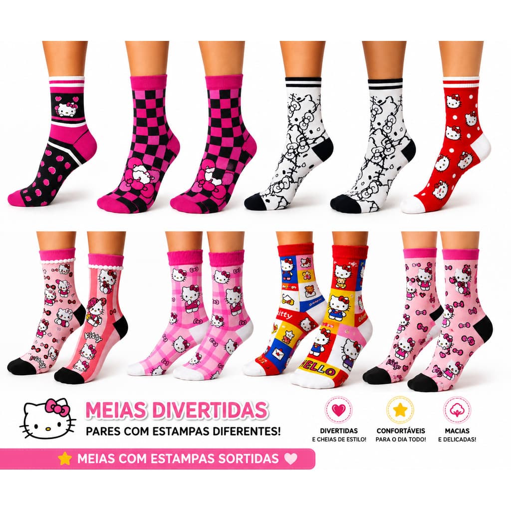 Meia Divertida Hello Kitty Cano Medio Feminina Par Diferente Estampada Algodao Casual