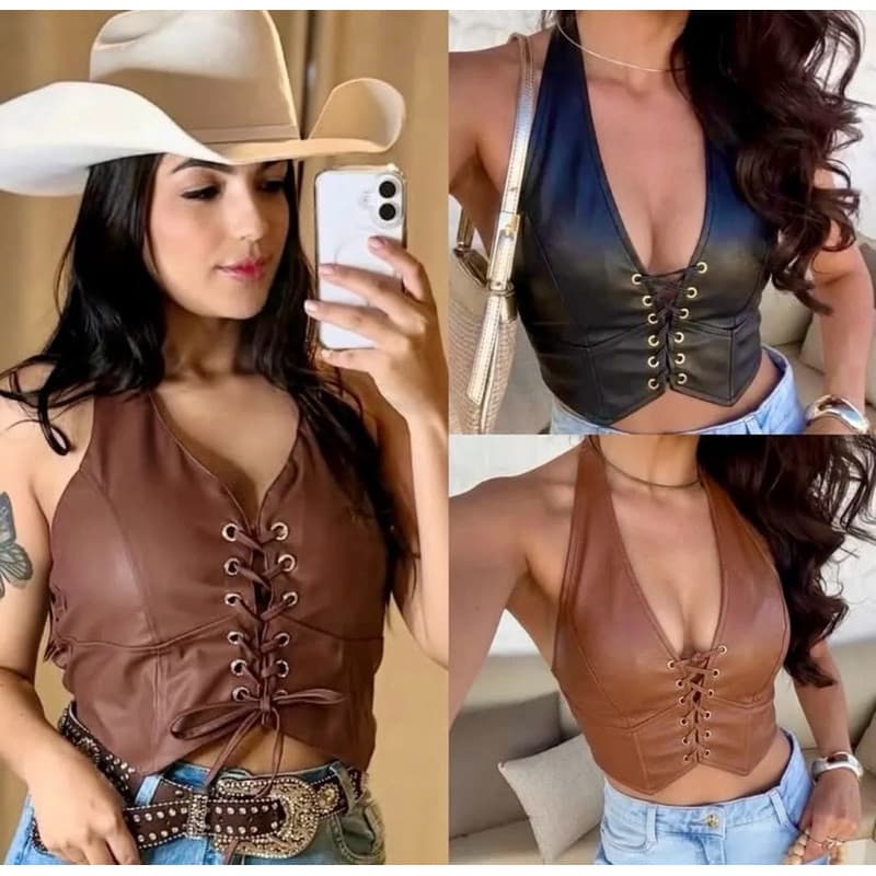 Cropped Feminino Courino Amarração Frontal Com Bojo | Top Halter Neck Couro Fake Ajustável com Ilhós Inverno 2026