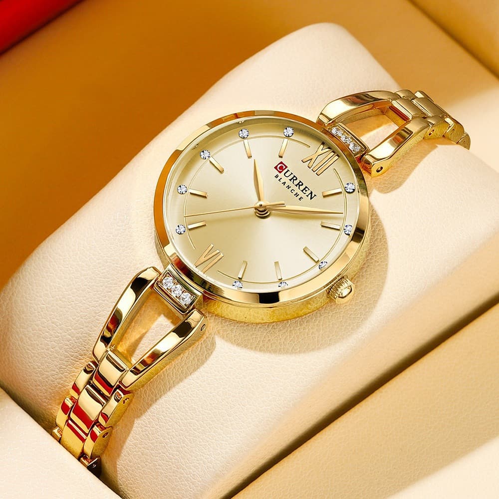 Relógio Feminino CURREN Novo, Dourado, Luxuoso, em Aço Inoxidável, Mostrador Minimalista, Casual, à Prova d'Água, FVHN