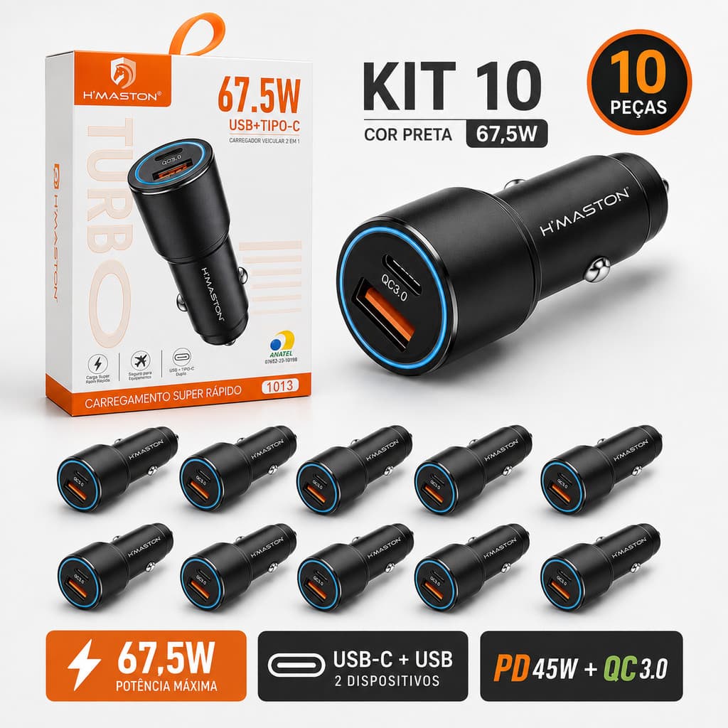 Atacado Kit 10 Carregador Veicular Turbo H’Maston 67,5W Original USB-C PD 45W + USB QC 3.0 22,5W