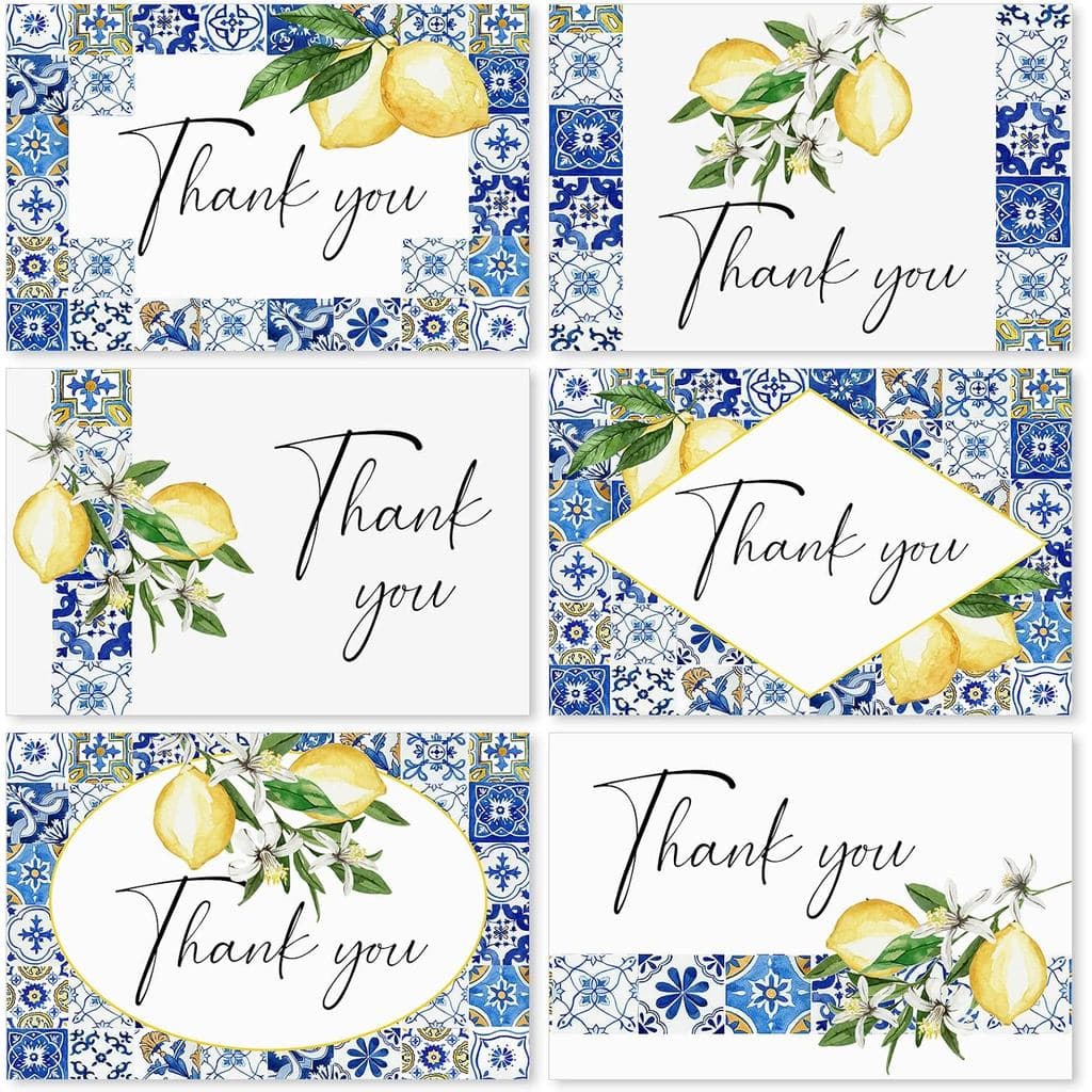 AnyDesign Pacote com 36 Cartões de Agradecimento com Tema de Limão, Cartões de Agradecimento Vintage com Azulejos Azuis
