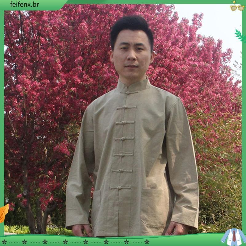 T Tang terno masculino de manga comprida primavera outono meio outono túnica roupas Hanfu algodão linho estilo chinês fi