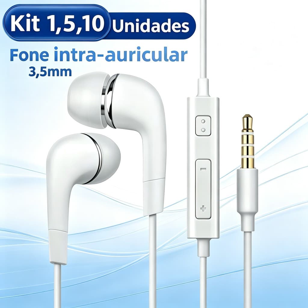 Fone de Ouvido Intra‑auricular J5 Original Atacado, Som Estéreo, Redução de Ruído, com Microfone e Pino 3,5mm