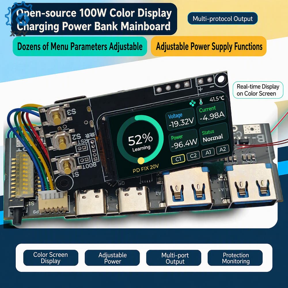 1.47-Polegada TFT Tela Colorida 3-5S PD 100W Power Bank DIY Mainboard Bidirecional Módulo De Banco De Potência De Carreg