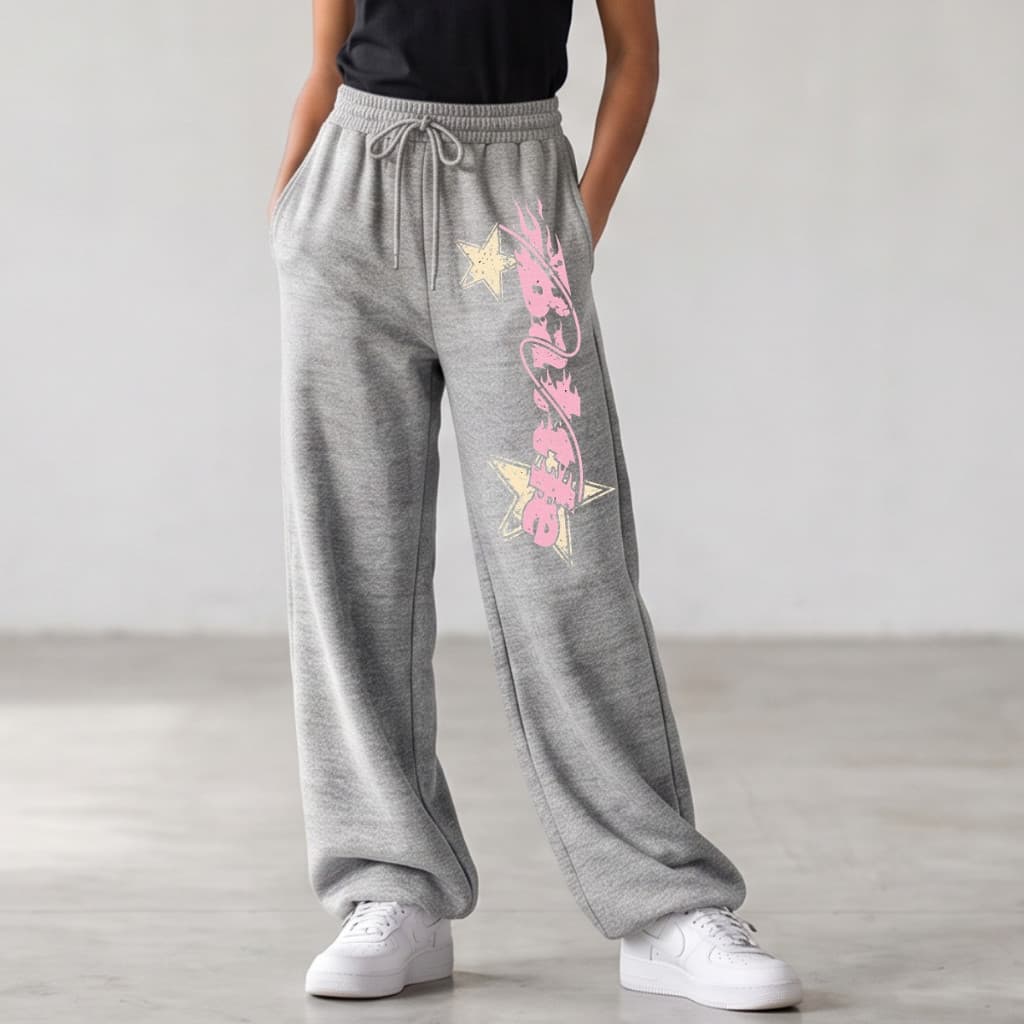 Calça Moletom Feminina Wide Leg Larga Estampada Estrela Estilo Y2K Streetwear Gringa Cintura Alta