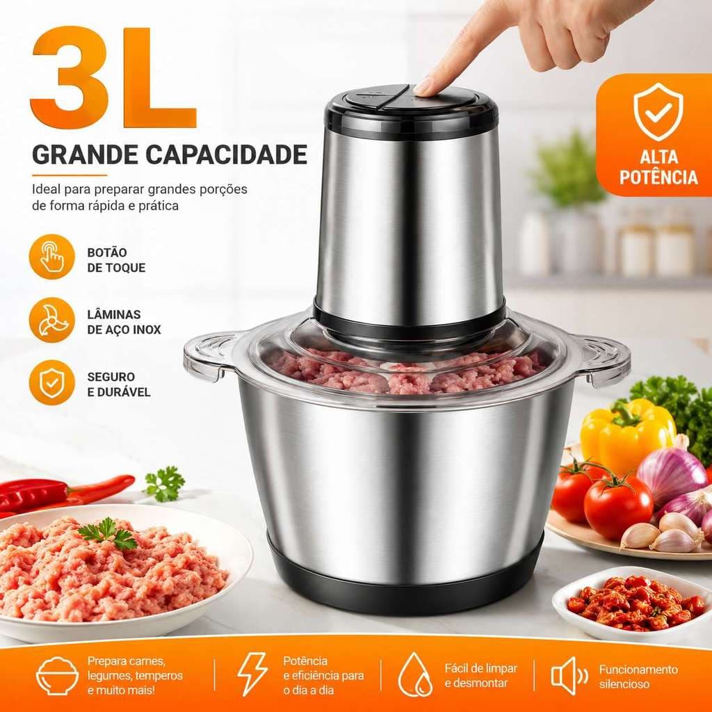 Processador Triturador Elétrico 3L Inox Multifuncional | Pica Carne, Legumes, Alho, Cebola e Temperos | Alta Potência