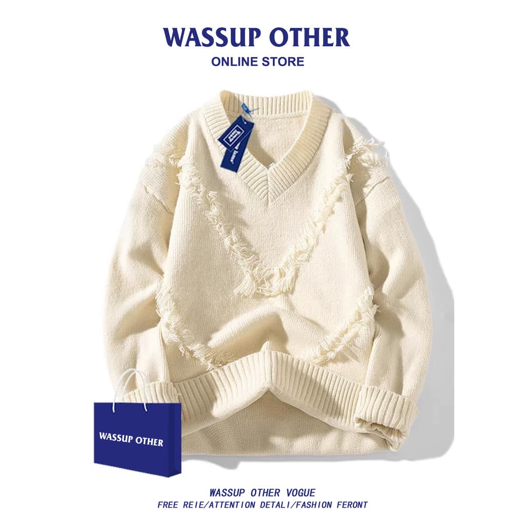 WASSUP OUTRO pulôver americano com decote em V e barba suéter jaqueta masculina outono inverno casal suéter masculino