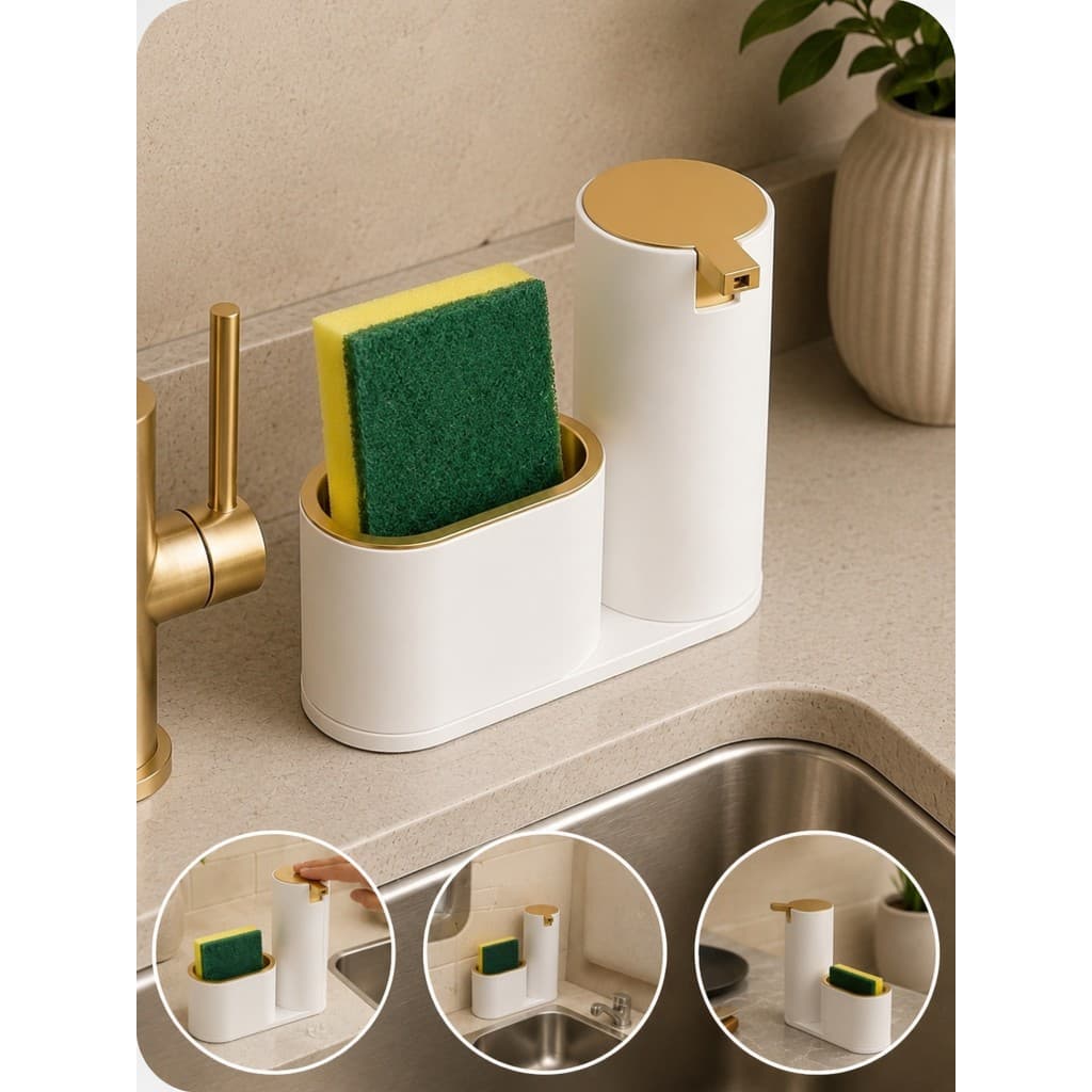 Porta Detergente Com Suporte de Bucha Dispenser Pia Branco Dourado