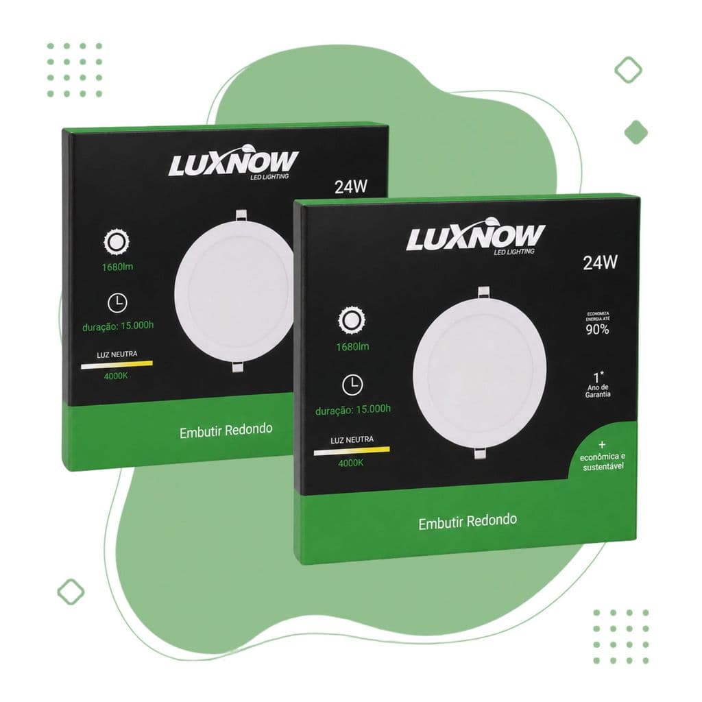 Kit Com 2 - Painel Led Emb Redondo 24W 4000K - Luxnow - 29,5cm x 29,5cm - Luz Neutra