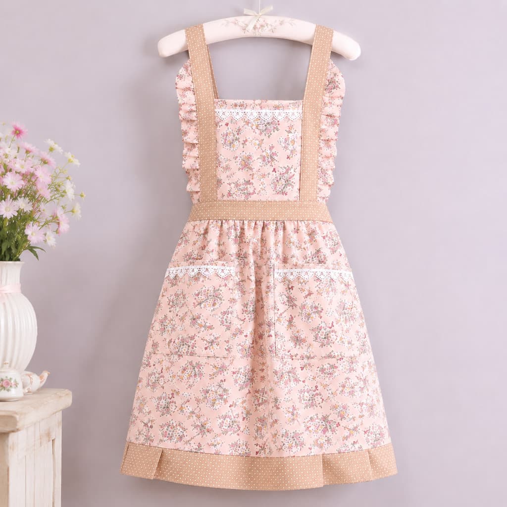 Avental de Cozinha Feminino Estampado Floral com 2 Bolsos e Detalhes em Renda para Uso Diário