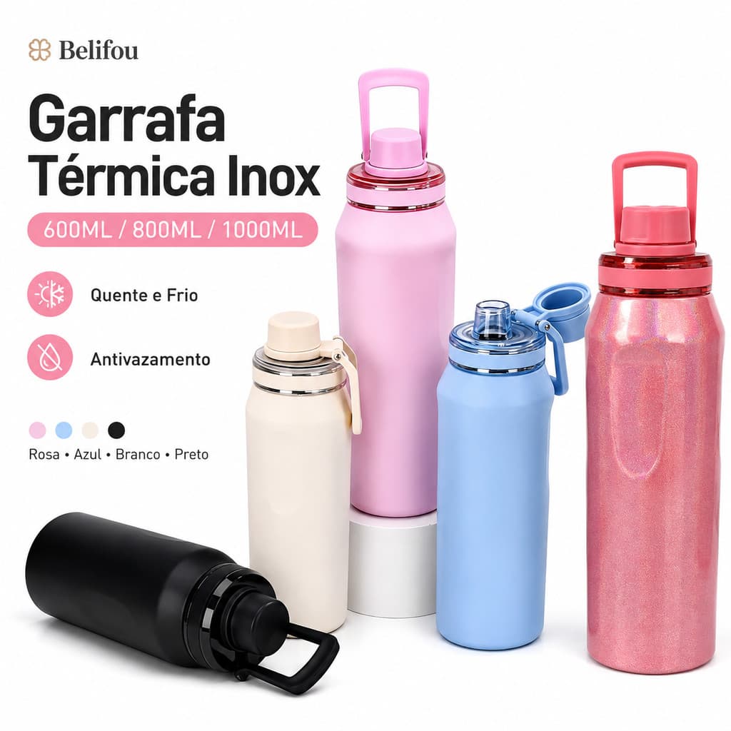 Belifou Garrafa Térmica Inox 600ML/800ML/1000ML Portátil Antivazamento Quente e Frio Para Academia