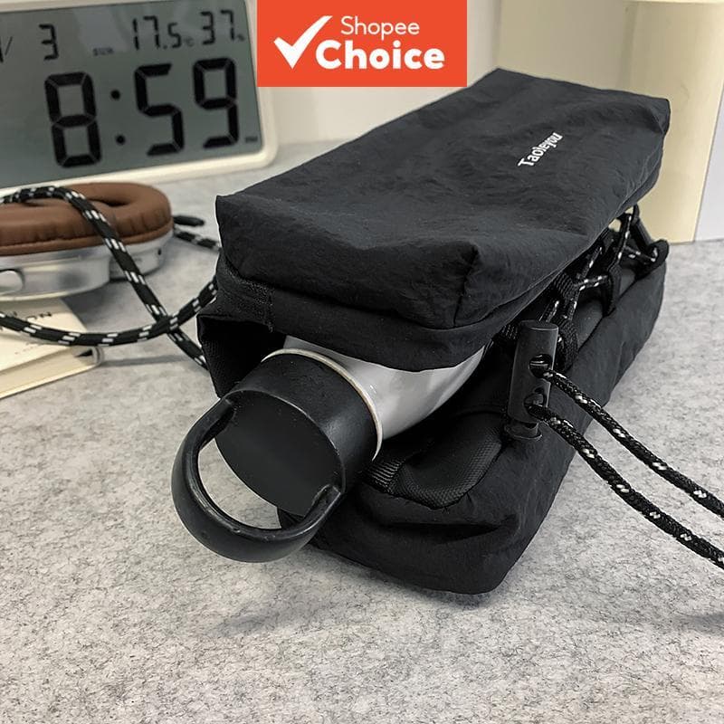 Bolsa Tiracolo Transversal de Ombro Unissex Leve com Múltiplos Compartimentos, Tecido Enrugado, Fecho de Cordão, Bolso