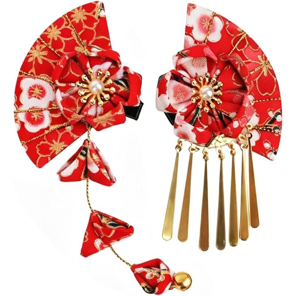 2 Peças de Grampos de Cabelo Japoneses, Acessórios de Cabelo em Tecido com Flor de Cerejeira, com Borla e Sino Dourado,