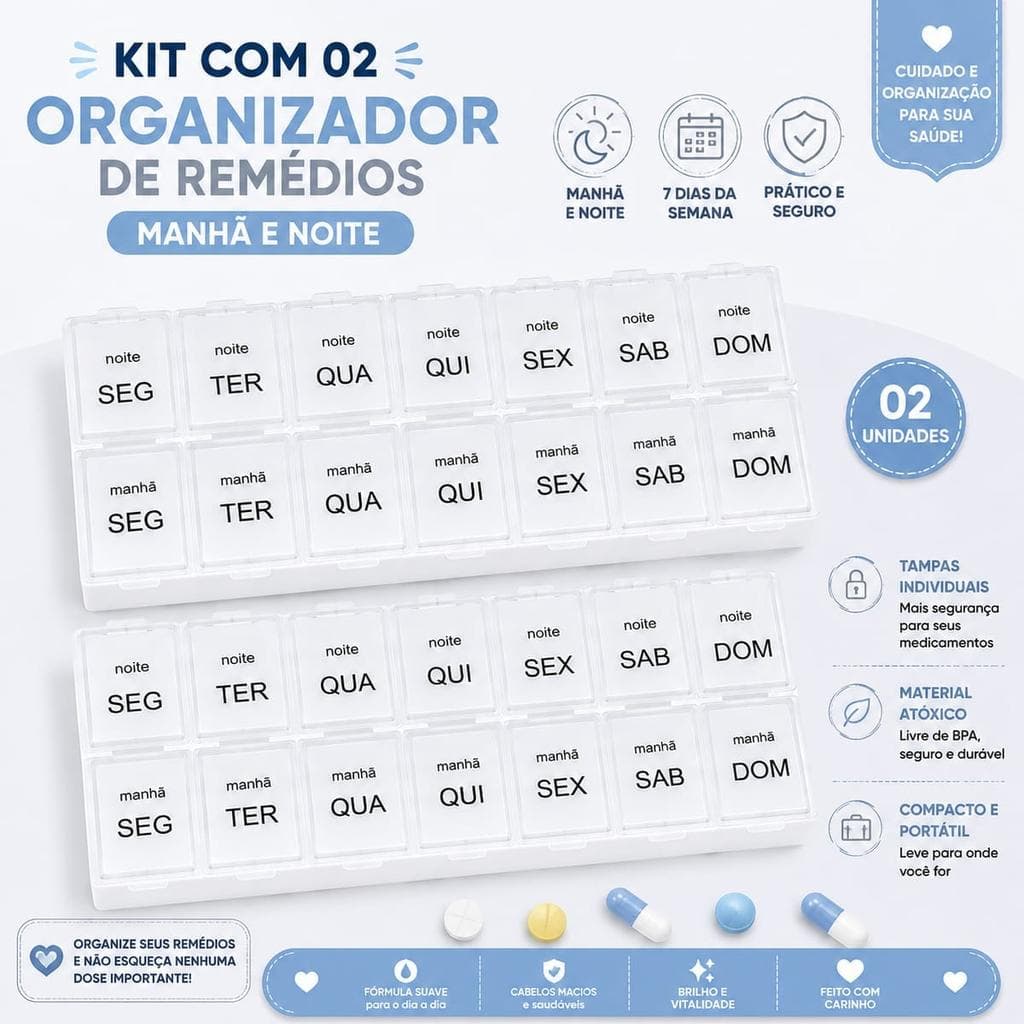 Kit 2 Organizador de Comprimidos Semanal Manhã e Noite, 7 Dias, Compacto e Leve - Branco