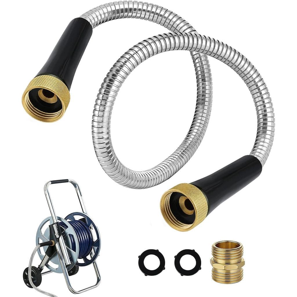 Mangueira de jardim curta de 3 pés com conexões de latão - Conector de mangueira de aço inoxidável para enrolador de man