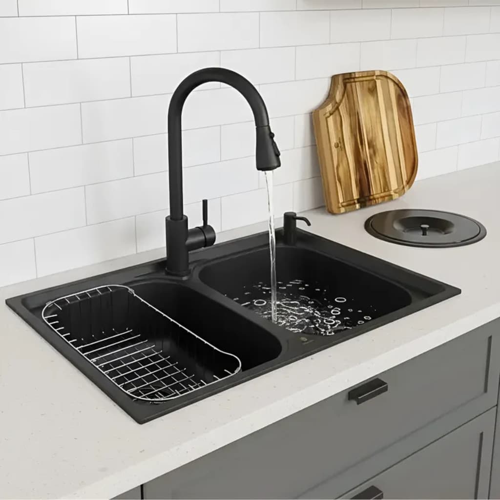 CUBA DUPLA INOX BLACK + TORNEIRA PRETO FOSCO TÁBUA E LIXEIRA