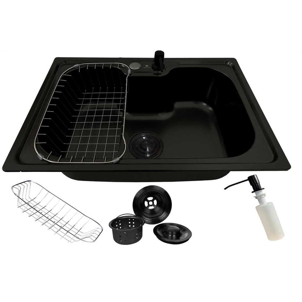 Cuba Cozinha Preta 60x42cm Gourmet Aço Inox Com Dispenser Cesto Escorredor e Ralo Removível