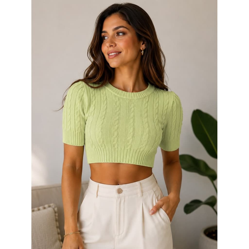 Cropped Trico Modal Com Tranças Manga Curta Moda Blogueira